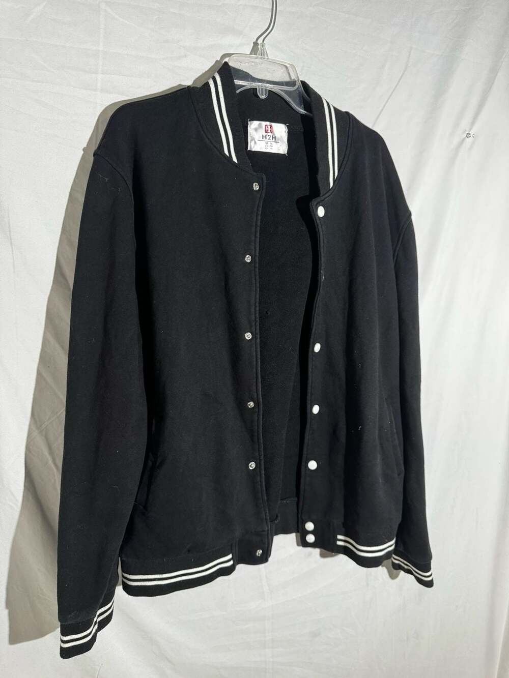H2H Mens Jacket Snap Varsity Striped Fleece Black 2XL